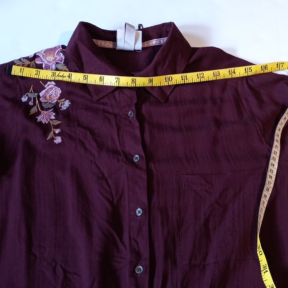 Sz L Know Rose Embroidered Rose Long Sleeve Button Linen Blend Top - Picture 9 of 15